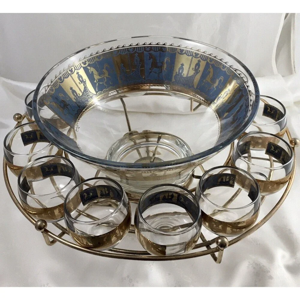 Rare Mid Century Colony Punch Bowl Set blue & gold 12 glasses & rotating Stand